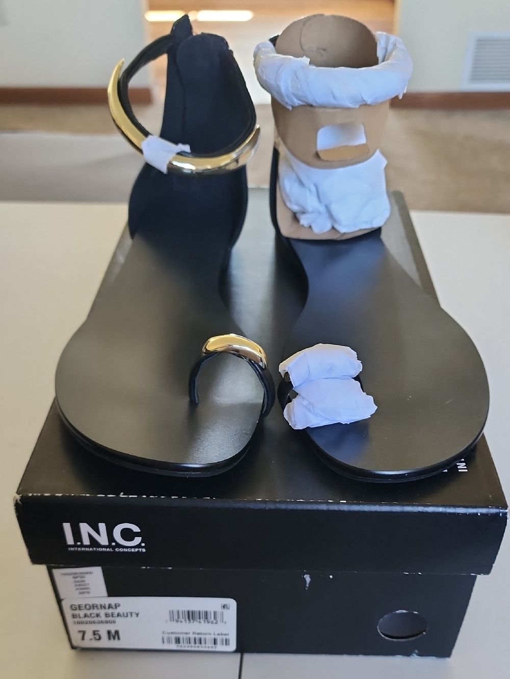 INC International Concepts Black and Tan Ankle Wrap Sandals with Gold Accent